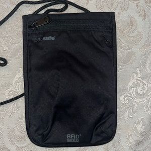 Pacsafe black RFID neck pouch - adjustable strap, middle slot separator & zipper
